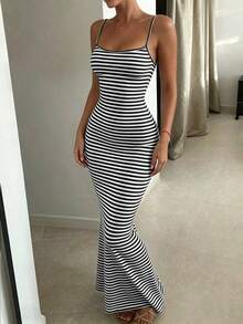 INAWLY Solva Women's Slim Fit Casual Striped Spaghetti Strap Dress - Black - View 5