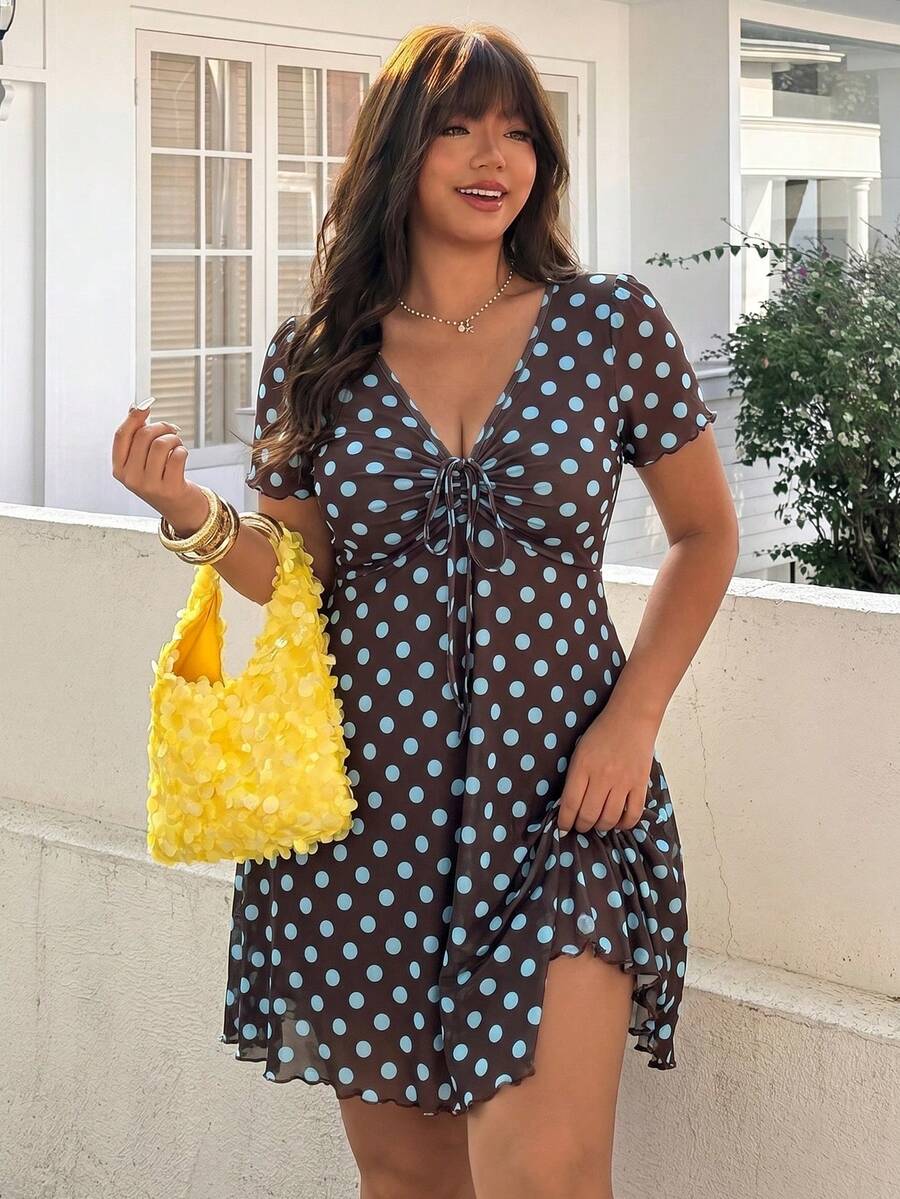 SHEIN EZwear 波點大尺碼百褶多功能綁帶女裝洋裝 - 棕色 - 查看 1