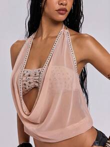 ROMWE Y2K Avant-Garde Sexy 2 In 1 Strapless Sheer Eyelet Stud Decor Bandeau Two Pieces Women's Tank Top - Khaki - View 3