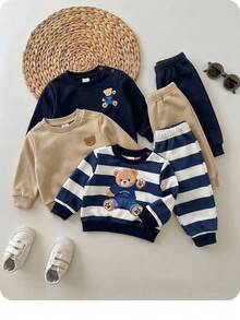 SHEIN Newborn Baby Boy Cute Casual Versatile Knitted Striped Cartoon Pattern Long Sleeve Sweatshirt 3-Piece Set - Multicolor - View 1