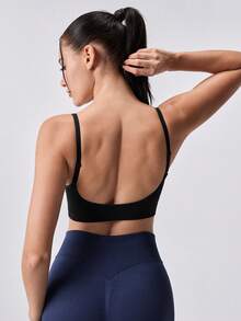 Loungeista 1pc Women's Backless Bra, Casual & Comfortable Wireless Bra With Ruffled Trim, Removable Padded Bra - Black - View 2
