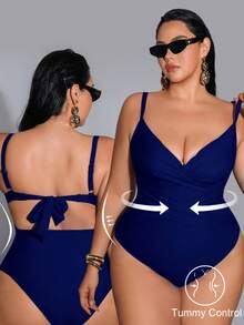 Shapewave 2026 Summer Women's Plus Size One-Piece Swimsuit, Elegant Vacation, Push-Up, Slimming, Tummy Control One-Piece Swimsuit, Women's Swimwear, Women's Vacation Clothing, Plus Size Tummy Control One-Piece Swimsuit, Elegant Women's Beach Swimsuit, Plus Size Women's Clothing - Navy Blue - View 1