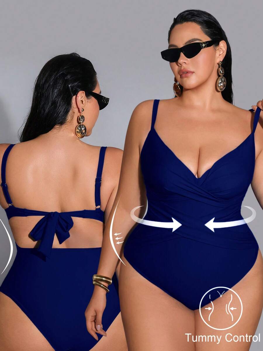 Shapewave 2026 Summer Women's Plus Size One-Piece Swimsuit, Elegant Vacation, Push-Up, Slimming, Tummy Control One-Piece Swimsuit, Women's Swimwear, Women's Vacation Clothing, Plus Size Tummy Control One-Piece Swimsuit, Elegant Women's Beach Swimsuit, Plus Size Women's Clothing - Navy Blue - View 1