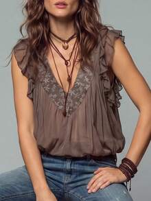 Hotletica Blus Tanpa Lengan Motif Bunga Berkerut Gaya Vintage Prancis untuk Liburan - Coklat - View 3