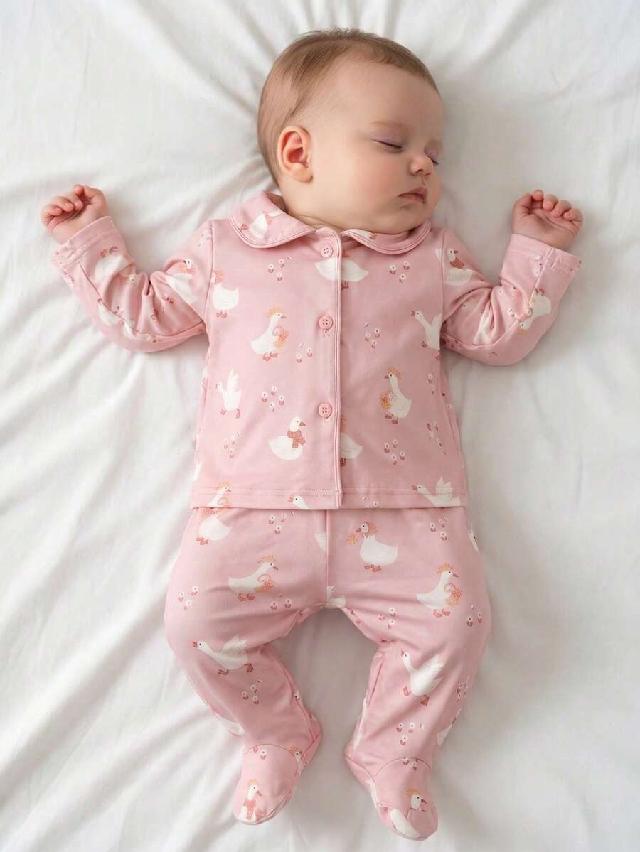 2件組夏季新生女嬰粉色可愛鴨子與花朵印花柔軟舒適簡約翻領開襟長袖連褲足套家居服 - 藕粉色 - 查看 1