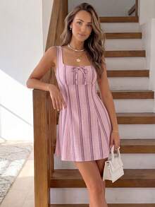 SHEIN LUNE 女款休閒度假迷你洋裝，女款夏季服飾，度假洋裝，沙灘洋裝，條紋洋裝，音樂節穿搭，外出穿搭，Y2K穿搭 - 彩色 - 查看 4