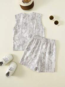 SHEIN Babyboy Street Style Versatile Printed Pattern Loose Tank Top & Elastic Waist Shorts Set - Multicolor - View 3