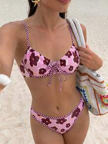 Swim Mod New Lemon Yellow Textured Bikini, Bow Knot Front, Underwire Support & High Leg Beach Swimwear - Multicolor - View 4