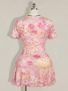 SHEIN ICON 大尺碼女款前綁帶短袖休閒碎花洋裝 - 粉色 - 查看 2