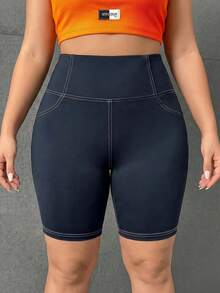 SHEIN PETITE CURVE 大码撞色缝线高腰紧身裤 - 藏蓝色 - 查看 8
