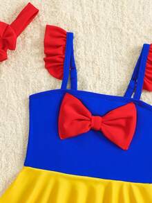 SHEIN Baby Girls' Bow Tie And Ruffled Splicing Color Fashionable Swimsuit For Holiday,Getaway,Holiday,Travel,Relax,Summer,Holiday - Multicolor - View 4