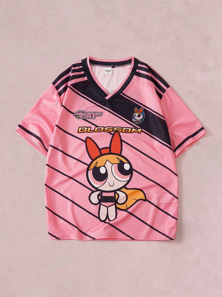 THE POWERPUFF GIRLS X SHEIN 男士條紋卡通印花短袖T恤 - 粉色 - 查看 1
