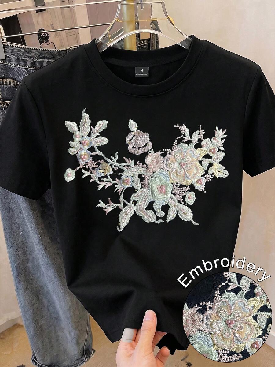 GlowEve Women's Spring/Summer Casual 3D Applique Embroidered T-Shirt, Women's Round Neck Short Sleeve T-Shirt, Suitable For Daily Casual Wear - Black - View 1