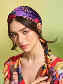 Frida Kahlo X SHEIN 時尚女士黑色光滑柔軟緞面正方形櫻桃絲巾，適合禮物、戶外旅行攝影搭配、禮物靈感、派對、假期、情人節 - 彩色 - 查看 5