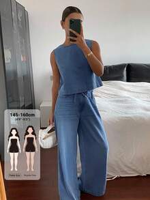 DAZY Women's Casual Loose Denim Round Neck Tank Top And Pants Set Petite - Blue - View 1