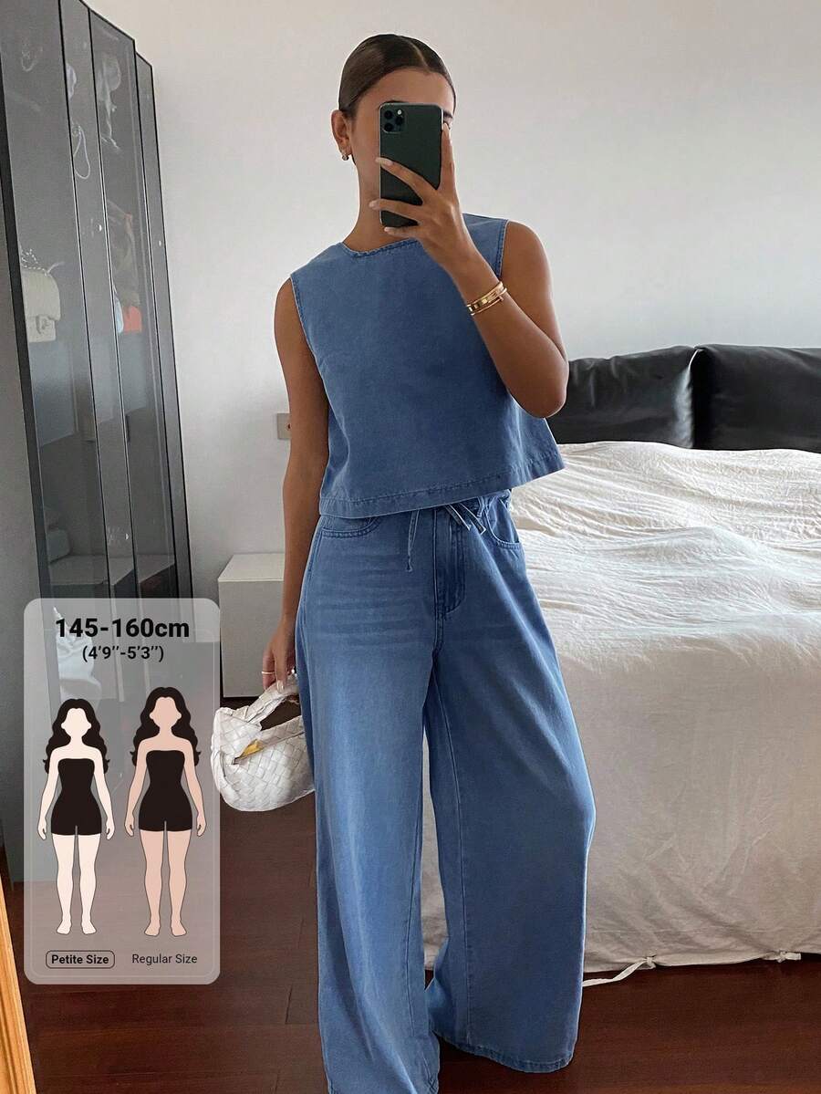 DAZY Women's Casual Loose Denim Round Neck Tank Top And Pants Set Petite - Blue - View 1
