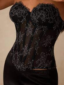SHEIN Glamour 女款蕾絲性感抹胸上衣，適合約會與派對 - 黑色 - 查看 7