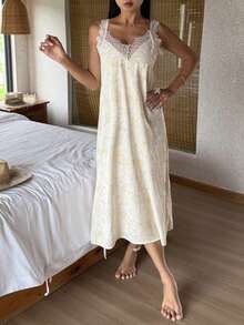 Livesso 女款蕾絲拼接休閒居家睡裙 夏季 - 白色 - 查看 6