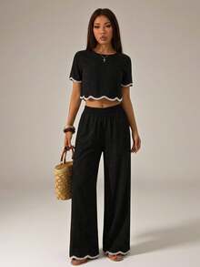 SHEIN PETITE 2件組女款對比色蕾絲飾邊短袖上衣與寬腿褲套裝，黑白格紋夏季波西米亞風度假休閒穿搭，適合嬌小身型女性 - 黑色 - 查看 3