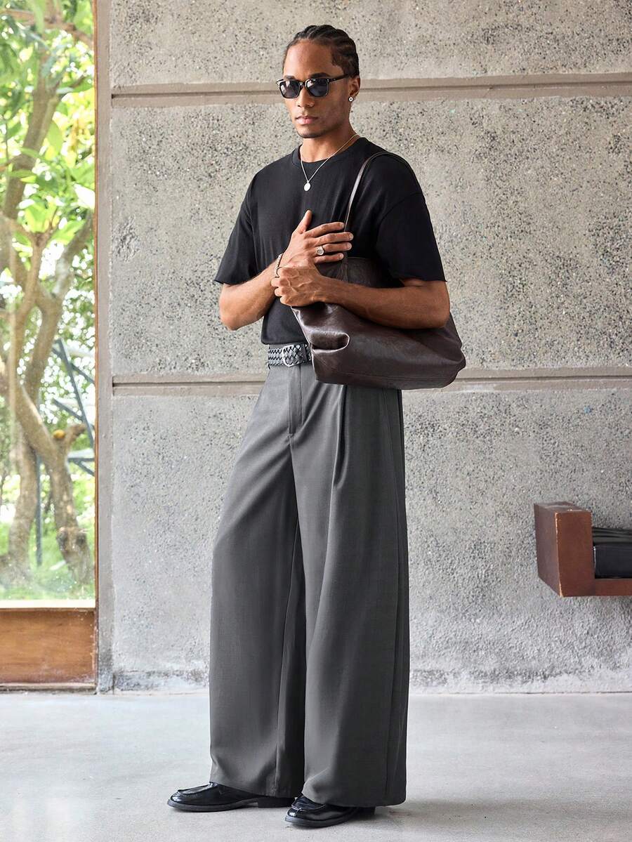 ESTAVOR Men's Solid Color Button Pocket Pleated Loose Casual Pants, Wide Leg,For Spring And Autumn - Grey - View 1