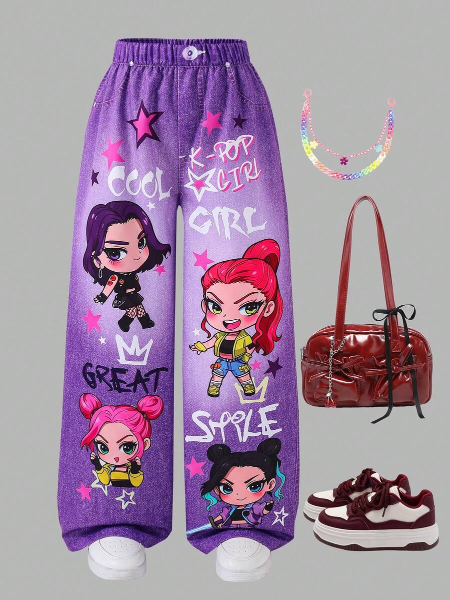 SHEIN 青少年女孩秋季休閒 Y2K 時尚卡通印花牛仔效果彈性腰寬腿褲,寬鬆舒適,適合秋季上學穿著 - 紫色 - 查看 1