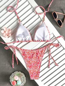 Swim Vcay Women's Summer Beach Holiday Halter Tie Backless Sexy Bikini Set, Ditsy Floral, Women's Holiday Outfit, Beach Outfit, Women's Holiday Outfit, Metal Decoration - Hot Pink - View 2