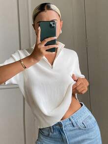 DAZY 條紋 Polo 領短袖休閒春夏女款針織上衣 - 白色 - 查看 3
