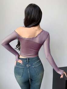 DAZY 女士网眼拼接不对称肩部长袖修身上衣外出上衣 - 紫色 - 查看 3