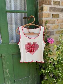 Hapijoa Young Girl Summer Casual Heart Cherry Print Contrast Trim Tank Top - White - View 7