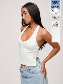 SHEIN BASICS Camiseta de tirantes con cuello halter y abertura lateral en el bajo de unicolor para mujer - Blanco - Ver 1
