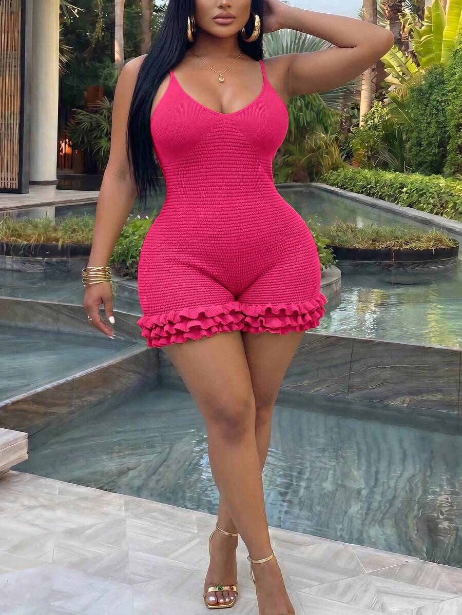 Veslaya Plus Size Women Solid Color Casual Sexy Tropical Date Beach Vacation Outing Spaghetti Strap Romper Hot Pink Summer - Hot Pink - View 1