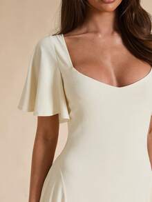 SHEIN BAE Spring/Summer Solid Cream White Square Neck Ruffle Sleeve A-Line Flared Maxi Dress Christening Elegant - Apricot - View 3