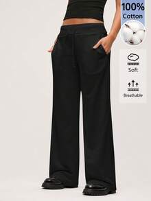 SHEIN BASICS 女款純色抽繩腰鬆身休閒運動長褲 - 黑色 - 查看 3
