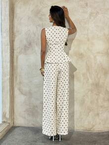 Aloruh Minimalist Elegant Commuter Boat Neck Sleeveless A-Line Waist-Cinching Women's Blouse + Polka Dot Extra Long Wide Leg Pants 2 Pieces Set Day Party - Black and White - View 2