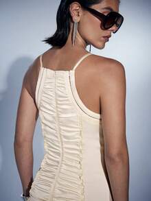 MERLEAU-F Women's Fashionable Modern Cream Pleated Ruffle Design Spaghetti Strap Dress Night Out Summer Sexy Elegant Classic Luxury Business - Beige - View 5