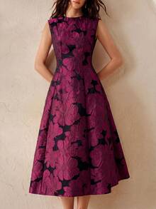 BELROSIE Vintage Mature French Elegant Women's Date Party Night Dinner Formal Official Dress, Embroidery Black Floral Jacquard Fabric, Sleeveless Summer - Red Violet - View 7