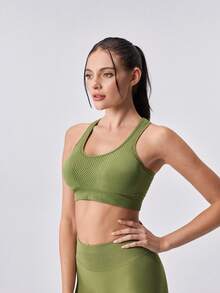 Loungeista Women's Sports Bra, Racerback Yoga Fitness Running Crop Top Bra - Olive Green - View 3