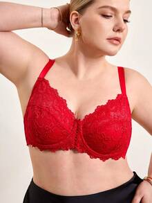 Hourtrue Plus Size Red Lace Bra, Comfortable Full Coverage Unpadded Bra With Front Hollow Tie Design - Red - View 5