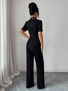 SHEIN Elenzya 黑色珍珠領泡泡袖連身褲，收腰顯瘦剪裁，優雅通勤與休閒極簡風連身褲 - 黑色 - 查看 2