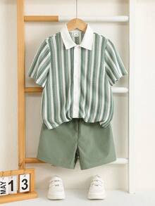 SHEIN Kids Young Boy Striped Colorblock Single-Breasted Short Sleeve Shirt And Solid Color Shorts Set - Multicolor - View 9