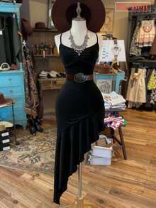 EMERY ROSE Women's Retro Asymmetric Hem Spaghetti Strap Summer Dress - Black - View 1