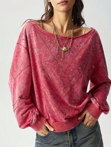 Bohemela Casual Solid Color Knit Asymmetrical Neck Loose Fit Women's Sweatshirt - Red - View 2