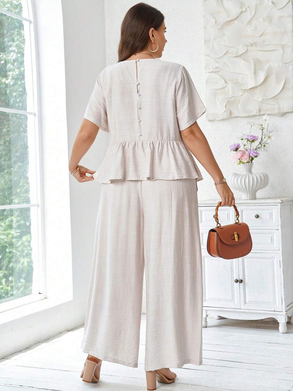 2pcs/Set  Plus Size Women's Summer Casual Elegant Vacation Solid Color Short Sleeve Peplum Top Shirt And Wide Leg Pants 2 Pieces Set With Pockets,