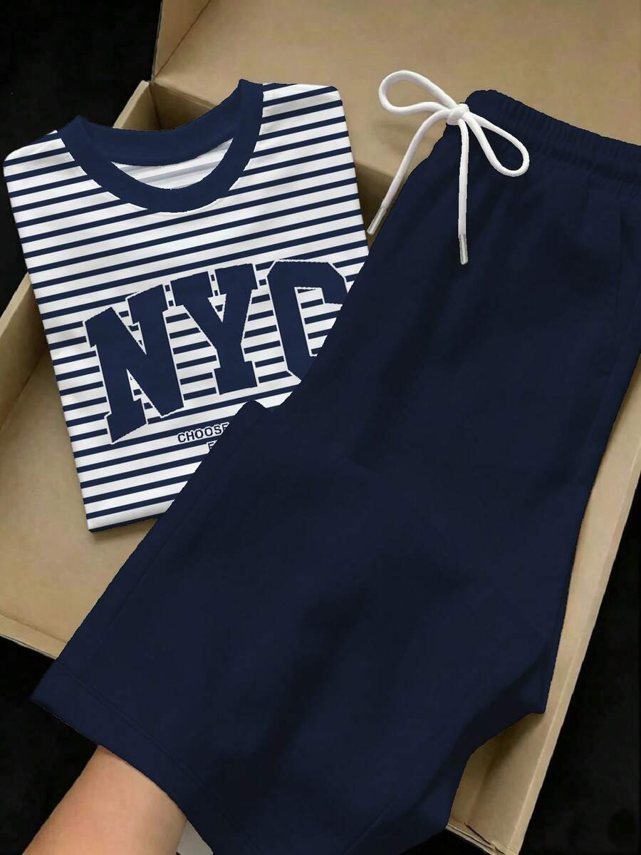 SHEIN EZwear 两件套:刺绣圆领短袖上衣和条纹印花长裤,休闲款 - 藍色 - 查看 1