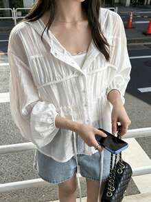 DAZY Solid Color Loose Drawstring Long Sleeve Casual Vacation Sun Protection Women's Shirt Summer School - White - View 2
