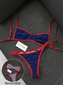 Swim Mod 女款夏季海灘簡約優雅浪漫休閒度假性感甜美可愛時尚泳衣套裝，日藍白星形印花、條紋印花、可翻面雙面印花，多種穿搭選擇，抹胸微型比基尼，適合海灘、度假村、音樂節、蜜月旅行及休閒度假場合 - 彩色 - 查看 3