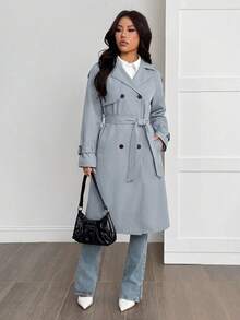 SHEIN PETITE 女款時尚鈕扣口袋綁帶長袖優雅風衣 - 霧霾藍 - 查看 4