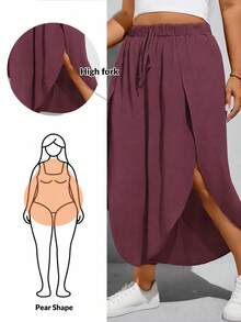 SHEIN Essnce Plus Size Black Elastic Waist High Slit Wide Leg Baggy Pants Summer - Redwood - View 1