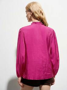 Aveloria Modichic Olive Green Pleated Women's Blouse, Lightweight Linen-Like Fabric, Layered Ruffle Design, Puff Sleeve, Vintage French Style, Loose Fit, Romantic Vacation, Ruffle Blouse, Statement Sleeve, Quiet Luxury, Romantic Core, Vintage Revival, Suitable For Commuting, Casual, Dating, Urban Street Style, Versatile For Multiple Occasions - Hot Pink - View 2