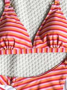 Swim Vcay Bikini 2 Potong Motif Garis-garis Oranye Pink Musim Semi/Panas 2026 dengan Tali Tebal dan Bagian Belakang yang Dapat Diatur, Potongan Tinggi, Cocok untuk Liburan Pantai dan Pemotretan - MultiWarna - View 3